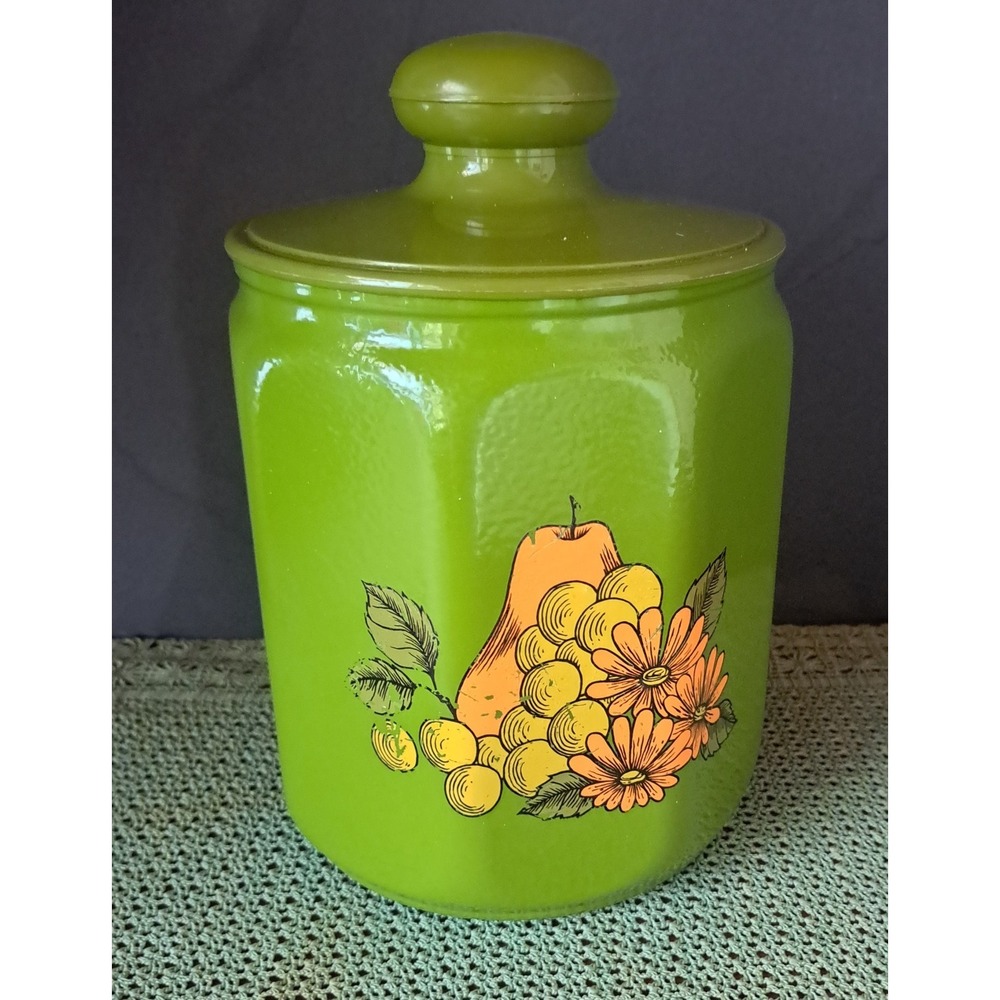 MCM Kromex Avocado Green Lidded Canister W Fruits and Flowers